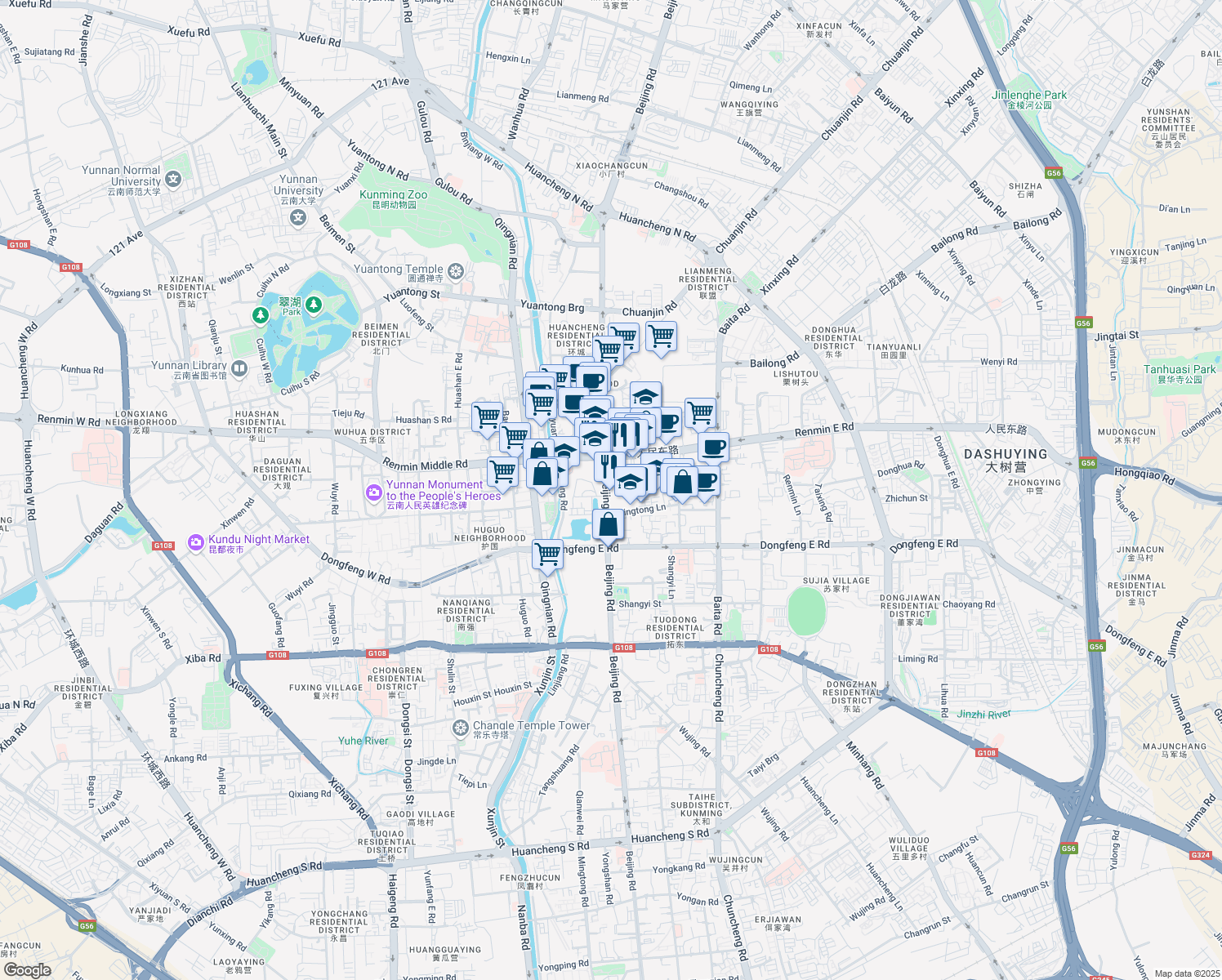 map of restaurants, bars, coffee shops, grocery stores, and more near 489 Bei Jing Lu in Kunming Shi
