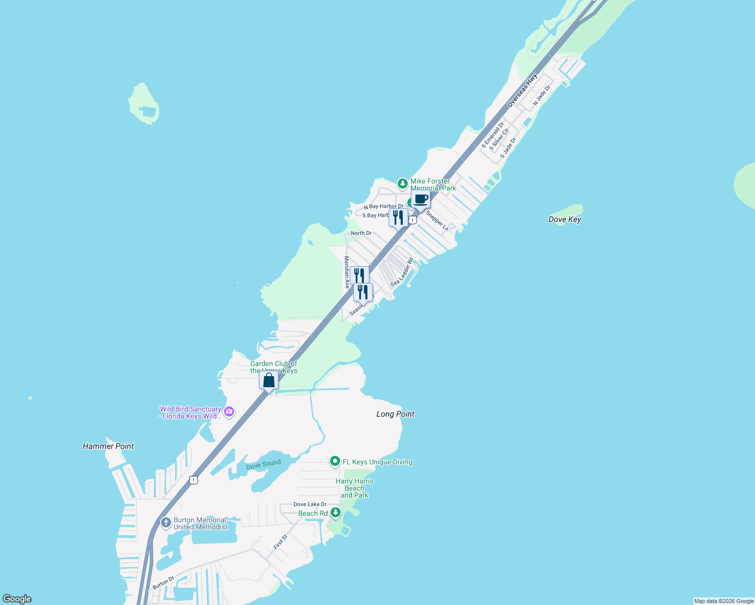 map of restaurants, bars, coffee shops, grocery stores, and more near 113 Seaside Avenue in Key Largo