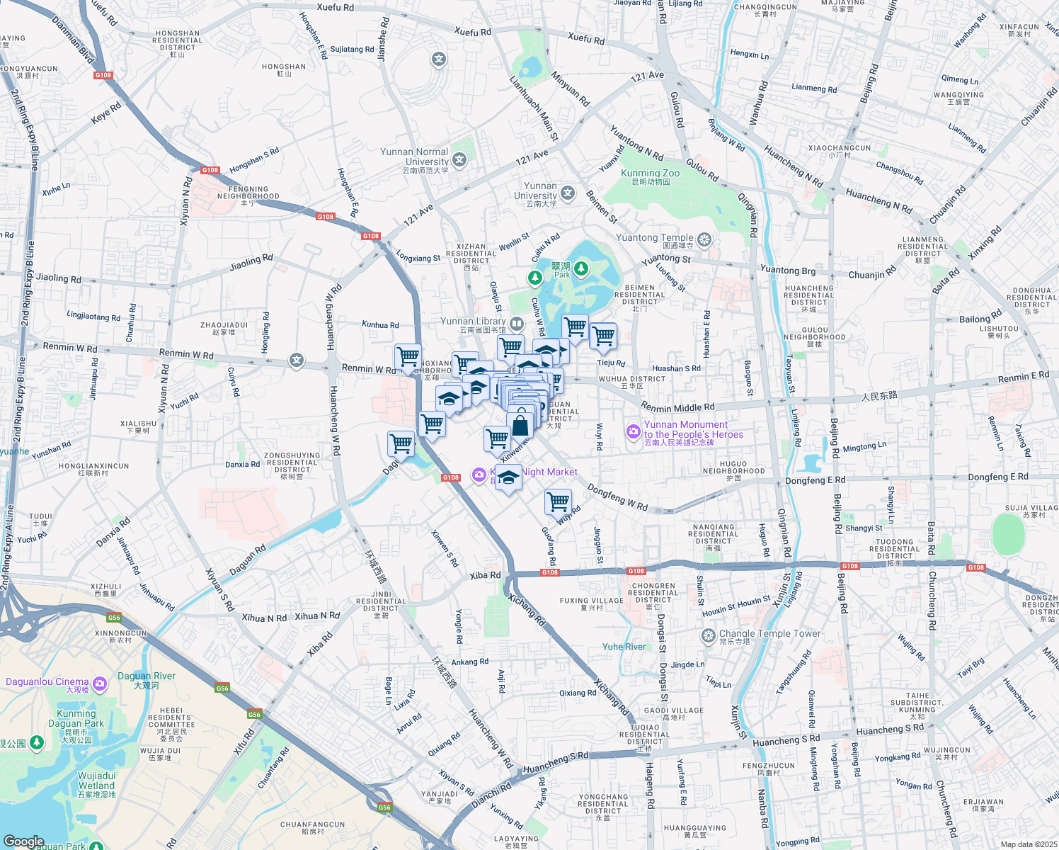 map of restaurants, bars, coffee shops, grocery stores, and more near Dong Feng Xi Lu in Kun Ming Shi