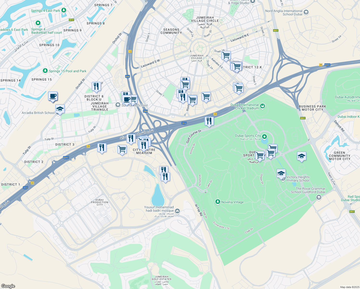 map of restaurants, bars, coffee shops, grocery stores, and more near Golf Course Drive in Dubai