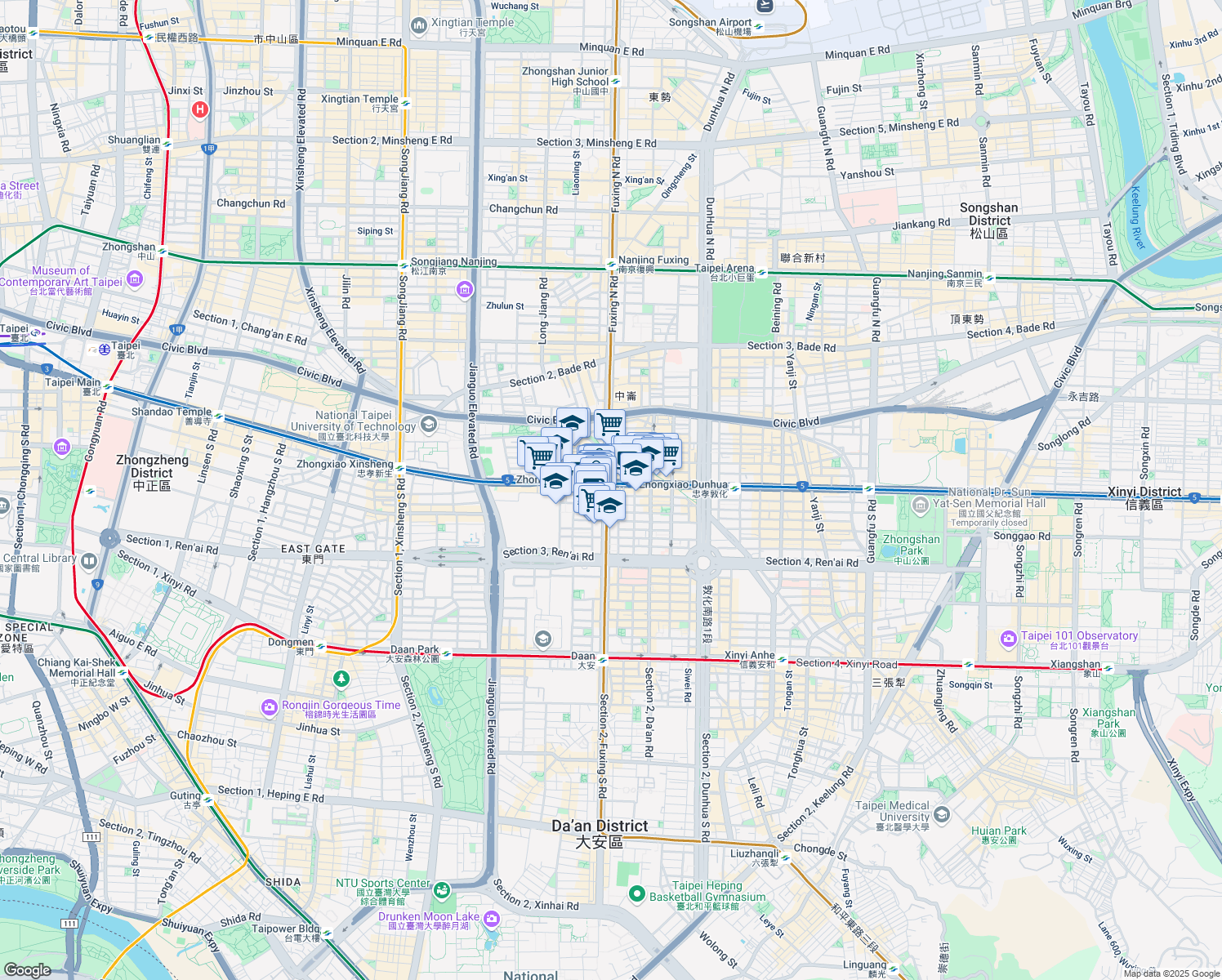 map of restaurants, bars, coffee shops, grocery stores, and more near 2 Zhongxiao East Road in Da’an District