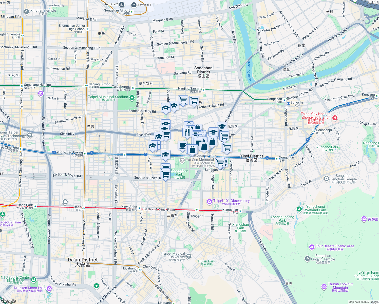 map of restaurants, bars, coffee shops, grocery stores, and more near 525 Section 4, Zhongxiao East Road in Xinyi District
