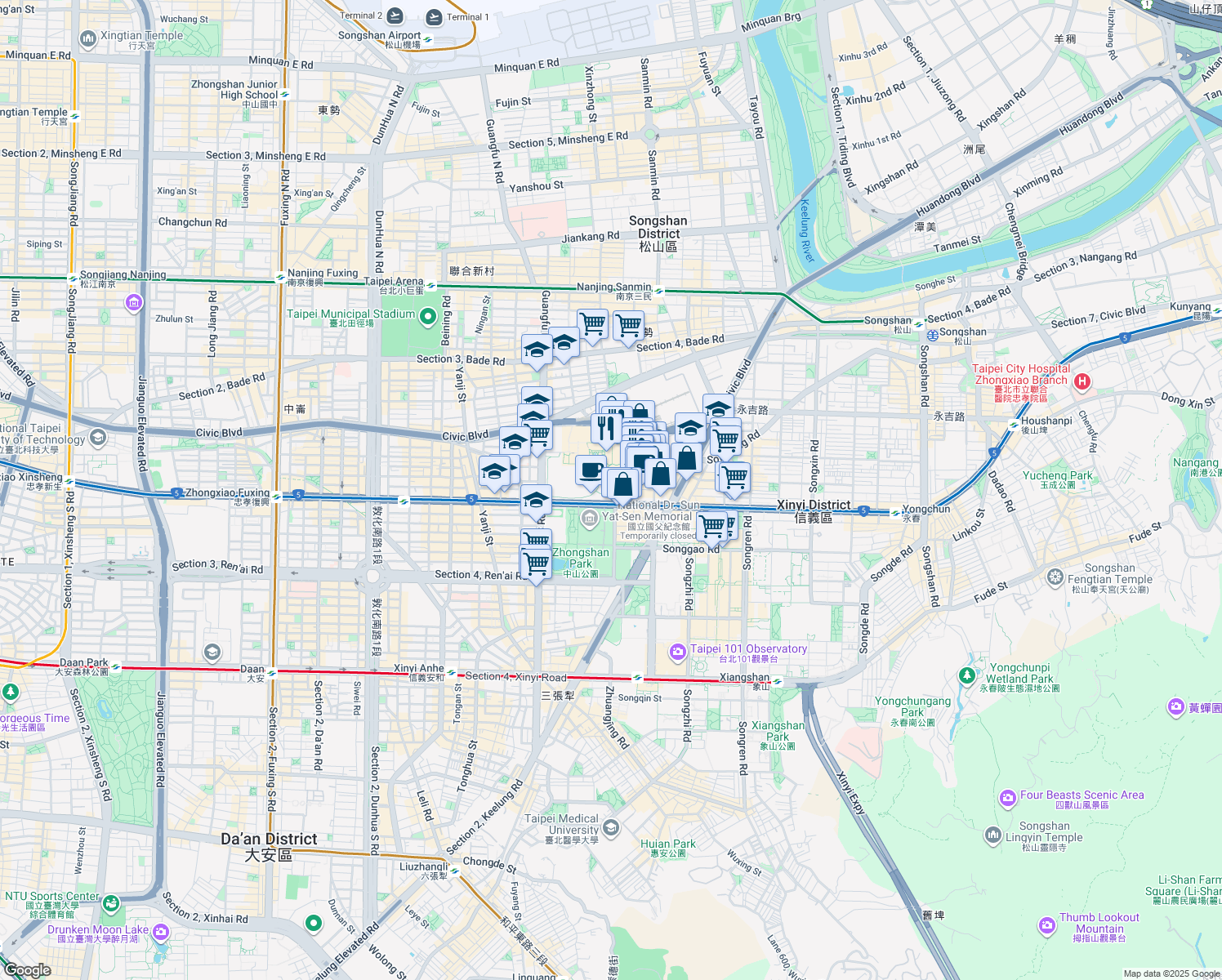 map of restaurants, bars, coffee shops, grocery stores, and more near 525 Section 4, Zhongxiao East Road in Xinyi District