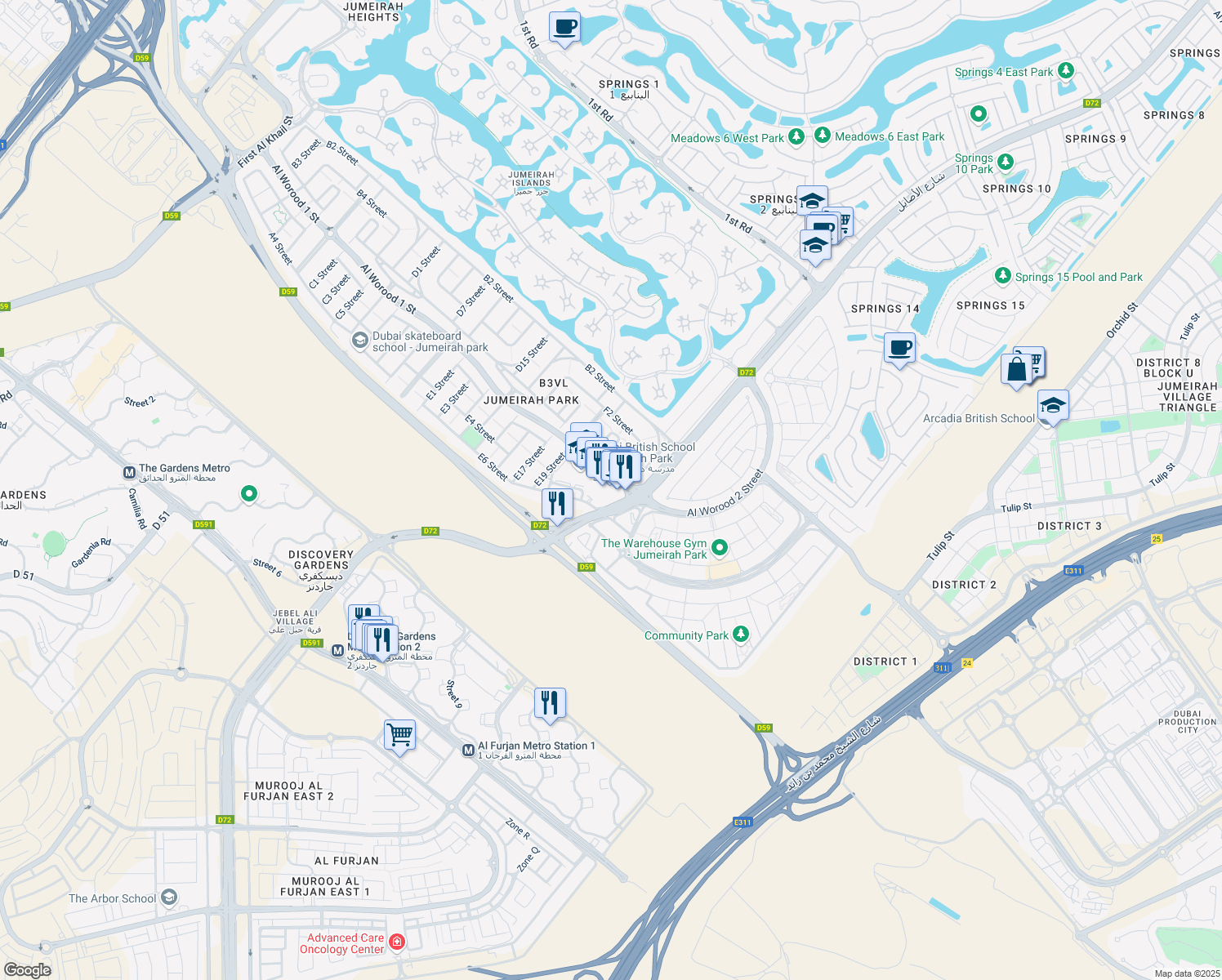 map of restaurants, bars, coffee shops, grocery stores, and more near Al Worood 1 Street in Dubai