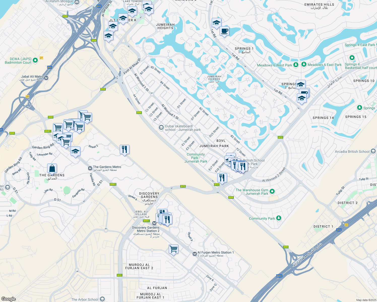 map of restaurants, bars, coffee shops, grocery stores, and more near in Dubai