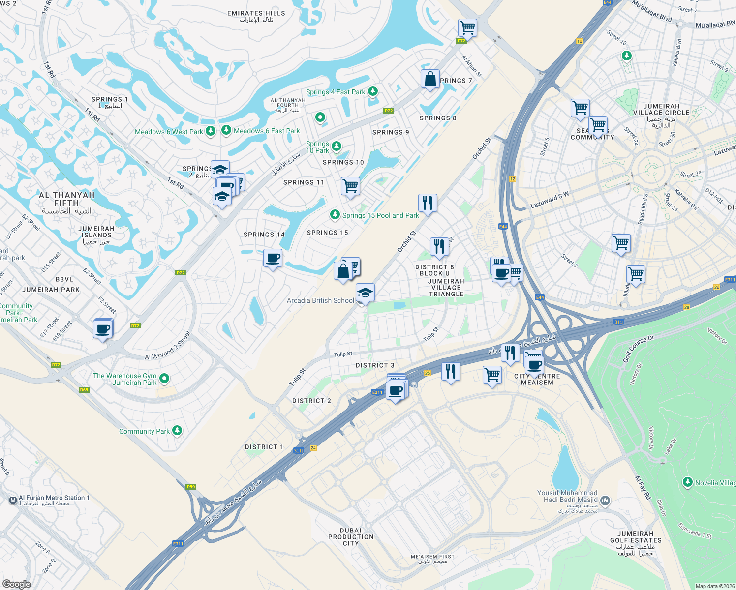 map of restaurants, bars, coffee shops, grocery stores, and more near 135 4 Road in Dubai