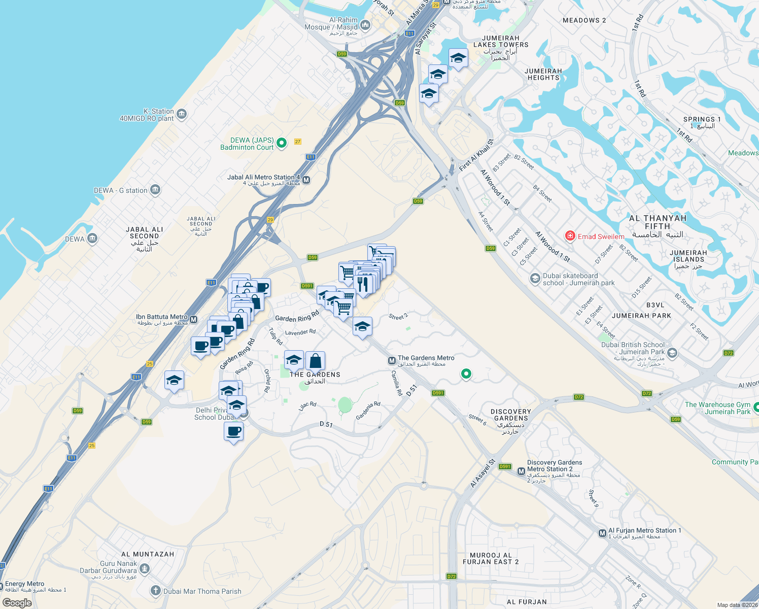 map of restaurants, bars, coffee shops, grocery stores, and more near Street 2 in Dubai