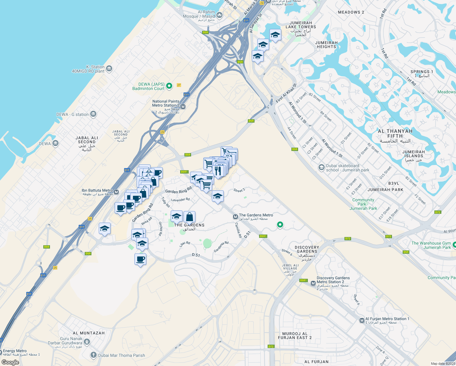 map of restaurants, bars, coffee shops, grocery stores, and more near Street 2 in Dubai