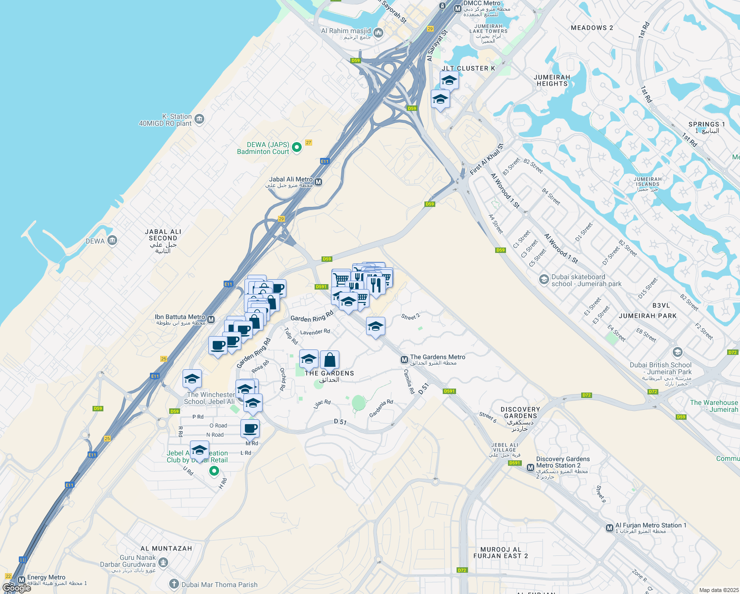 map of restaurants, bars, coffee shops, grocery stores, and more near 10 Ibn Battuta Street in Dubai