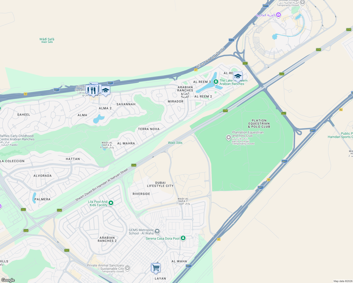 map of restaurants, bars, coffee shops, grocery stores, and more near Sheikh Zayed Bin Hamdan Al Nahyan Street in Dubai