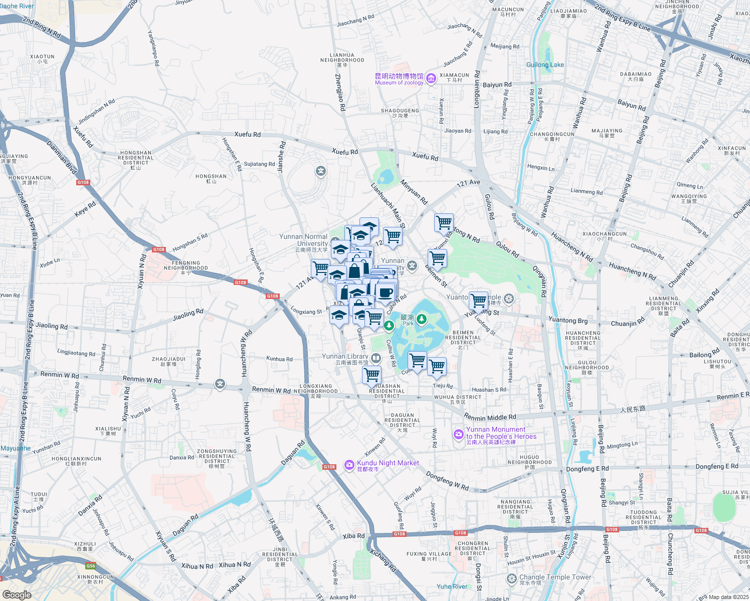 map of restaurants, bars, coffee shops, grocery stores, and more near Wen Lin Jie in Kun Ming Shi