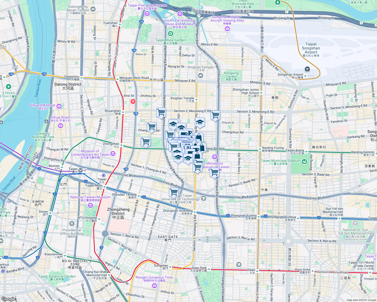 map of restaurants, bars, coffee shops, grocery stores, and more near 104 Section 2, Nanjing East Road in Zhongshan District