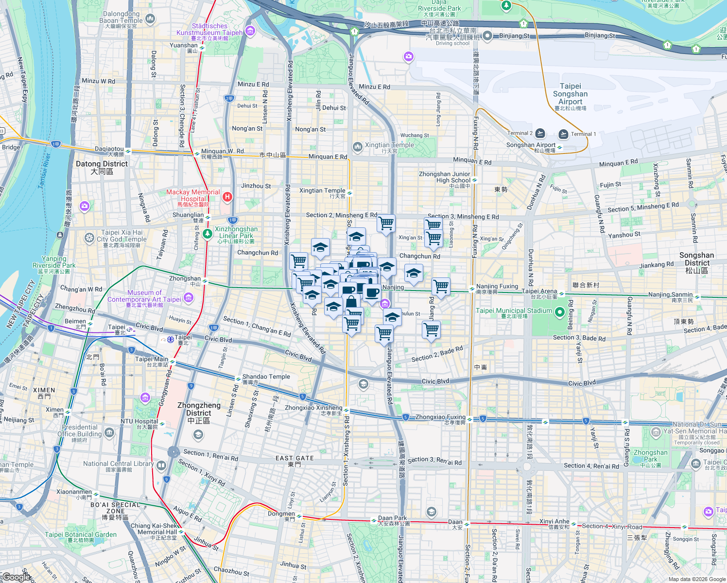 map of restaurants, bars, coffee shops, grocery stores, and more near 160 樓5 Section 2, Nanjing East Road in Zhongshan District