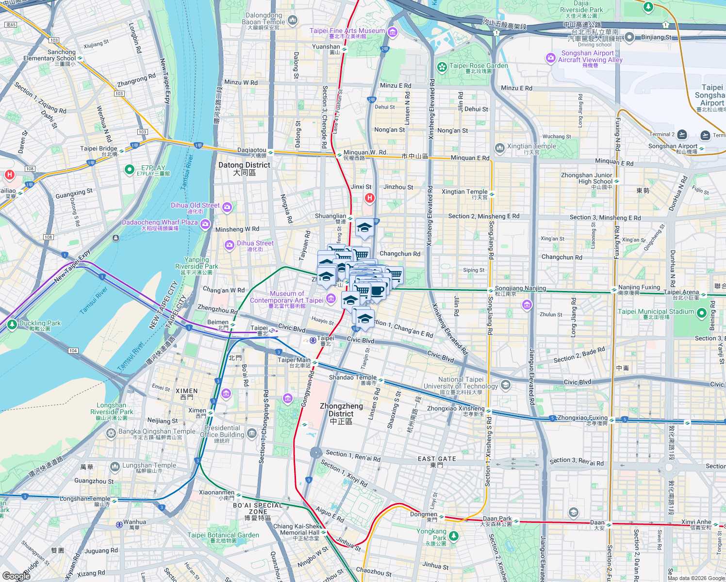 map of restaurants, bars, coffee shops, grocery stores, and more near 6 Nanjing West Road in Zhongshan District