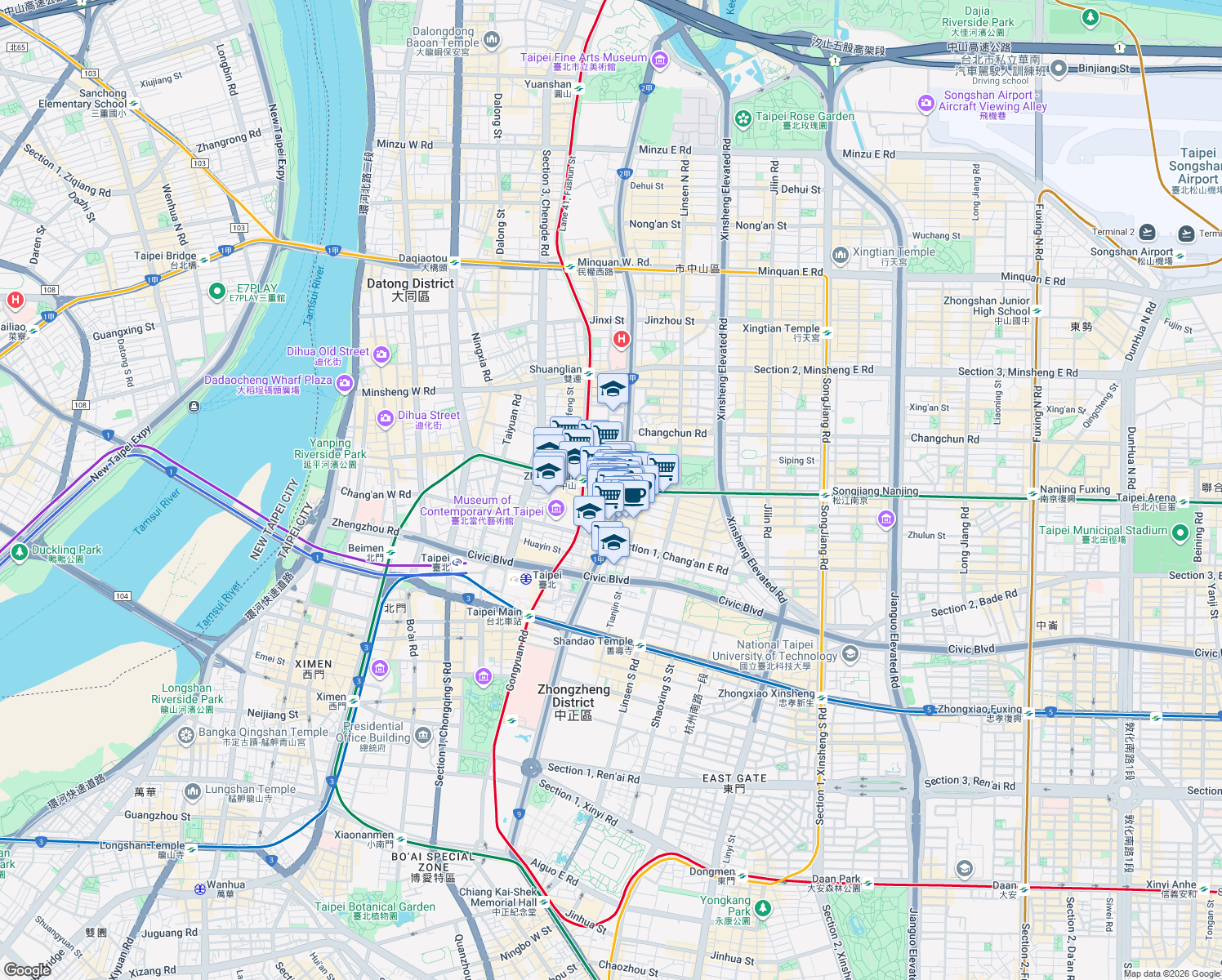 map of restaurants, bars, coffee shops, grocery stores, and more near 6 Nanjing West Road in Zhongshan District