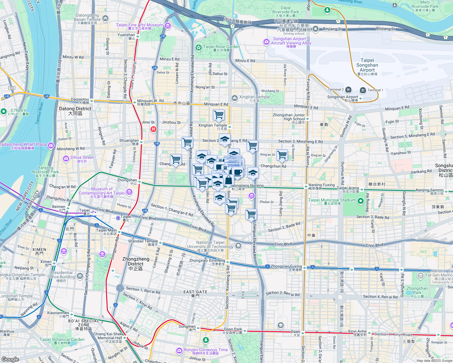 map of restaurants, bars, coffee shops, grocery stores, and more near 126 SongJiang Road in Zhongshan District