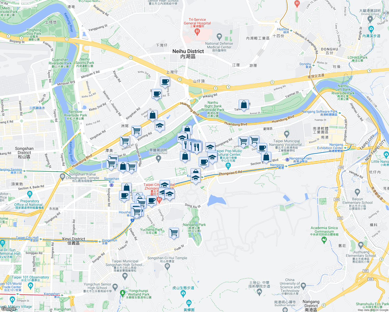 map of restaurants, bars, coffee shops, grocery stores, and more near 9號 Section 3, Nangang Road in Nangang District