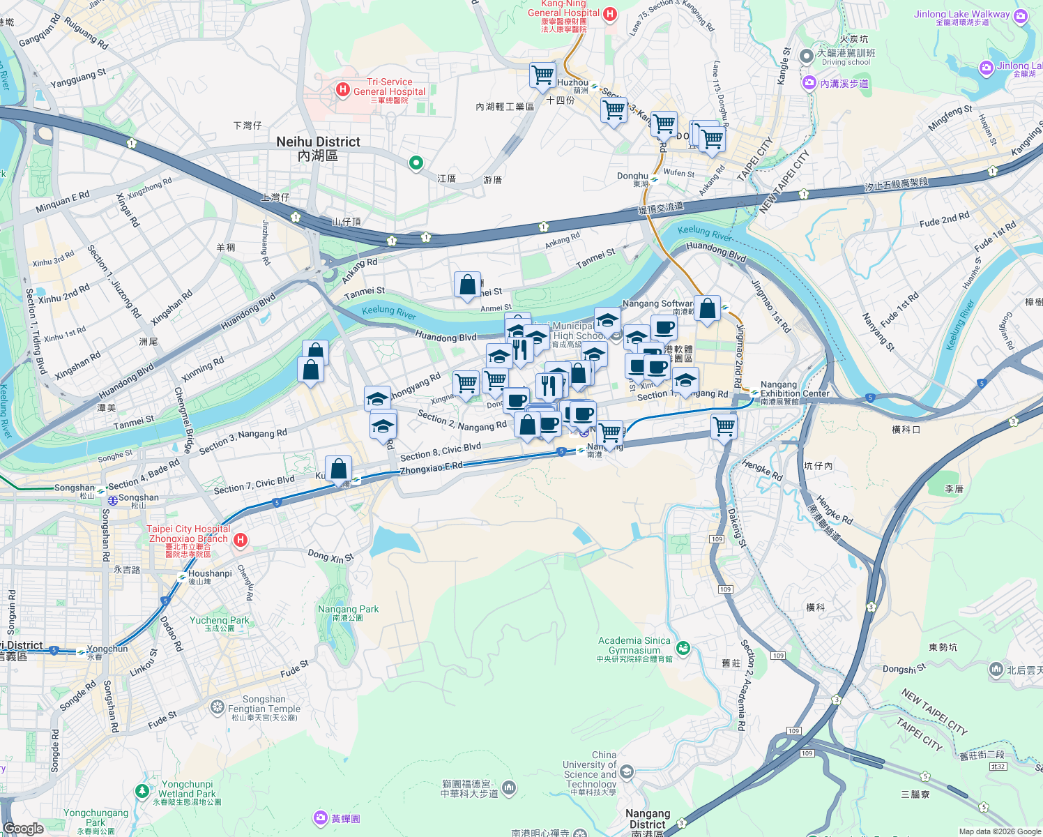 map of restaurants, bars, coffee shops, grocery stores, and more near 78 Section 2, Nangang Road in Nangang District