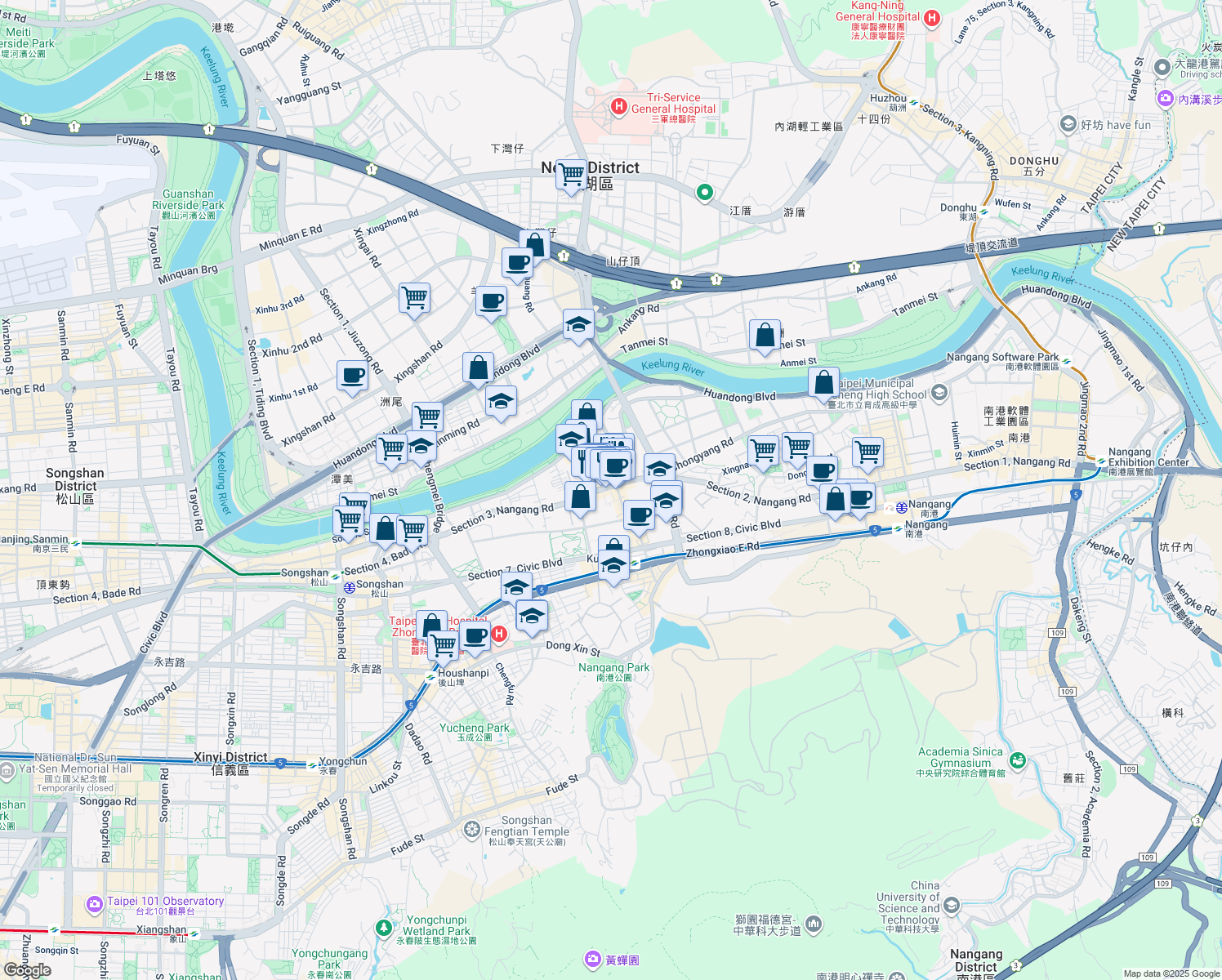 map of restaurants, bars, coffee shops, grocery stores, and more near 9號 Section 3, Nangang Road in Nangang District