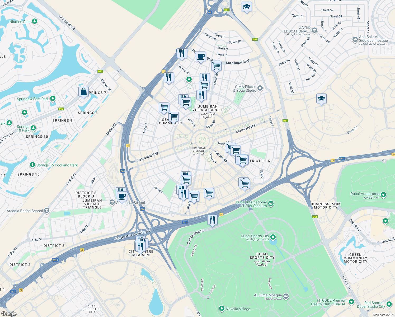 map of restaurants, bars, coffee shops, grocery stores, and more near Lazuward South West in Dubai