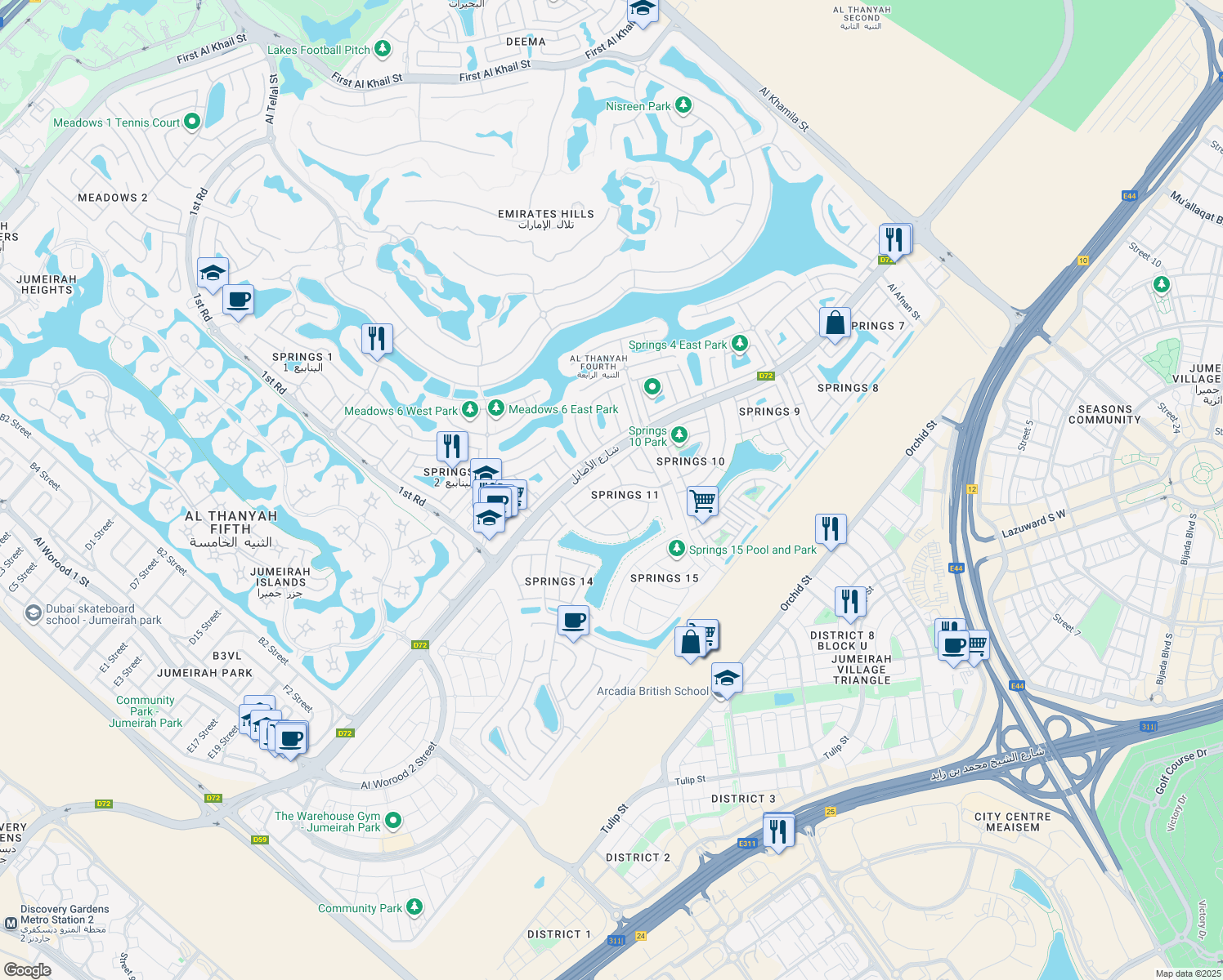 map of restaurants, bars, coffee shops, grocery stores, and more near Street 1 in Dubai