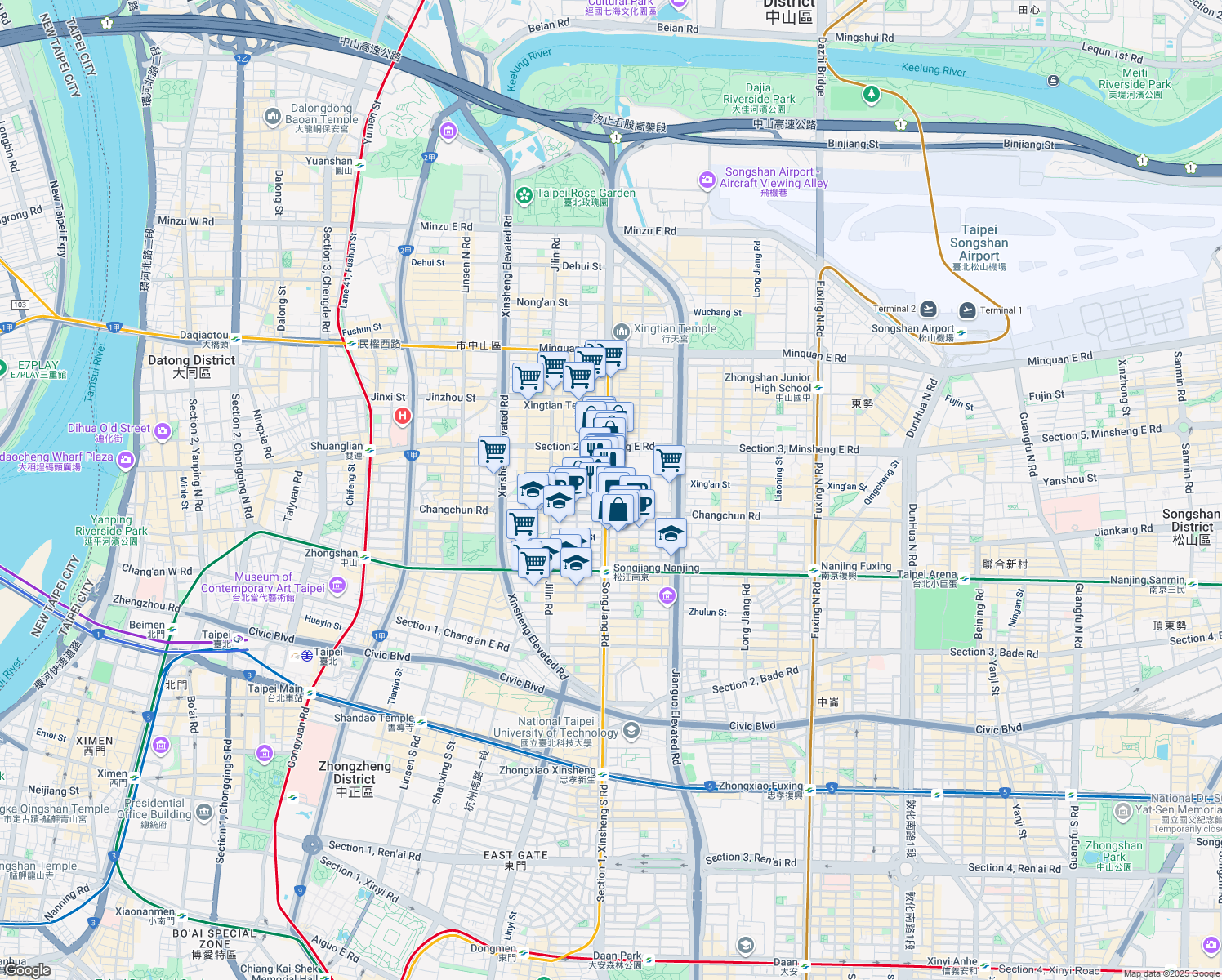 map of restaurants, bars, coffee shops, grocery stores, and more near 169 SongJiang Road in Zhongshan District