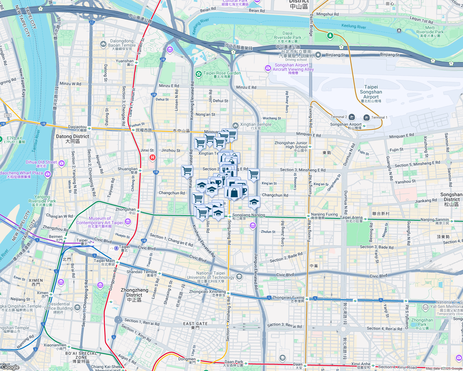 map of restaurants, bars, coffee shops, grocery stores, and more near 169 SongJiang Road in Zhongshan District