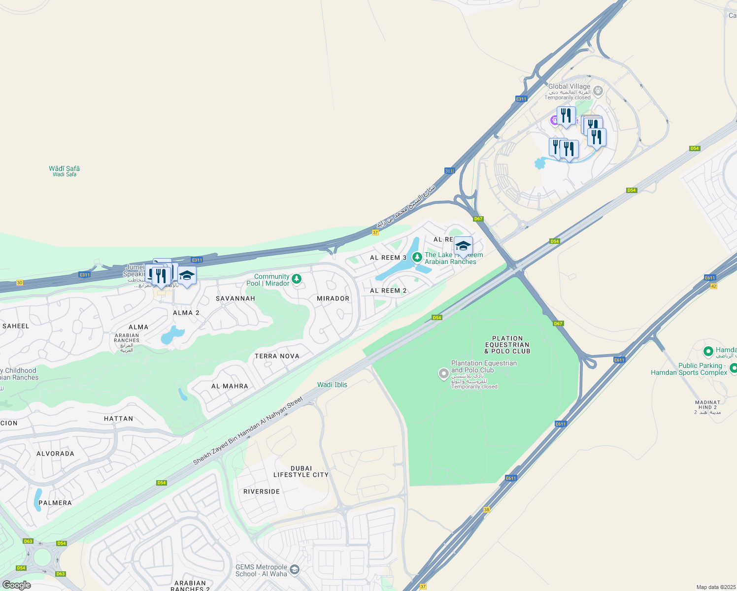 map of restaurants, bars, coffee shops, grocery stores, and more near Street 1 in Dubai