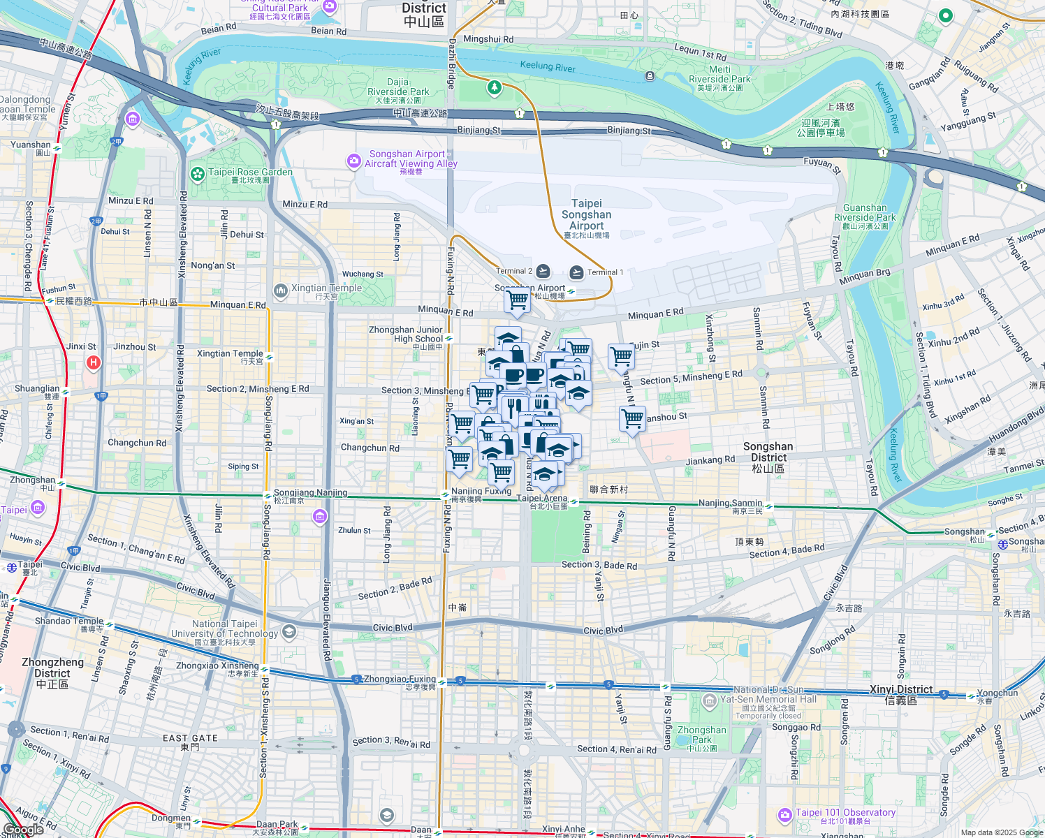 map of restaurants, bars, coffee shops, grocery stores, and more near 168 樓14 之1 DunHua North Road in Songshan District