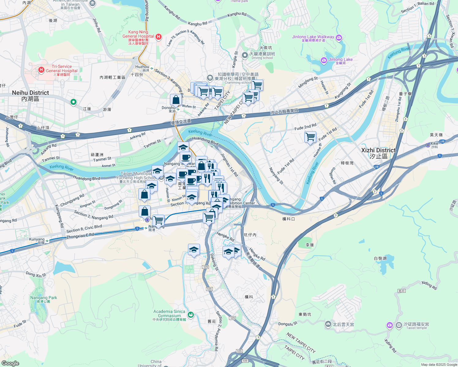 map of restaurants, bars, coffee shops, grocery stores, and more near 170 Jingmao 1st Road in Nangang District