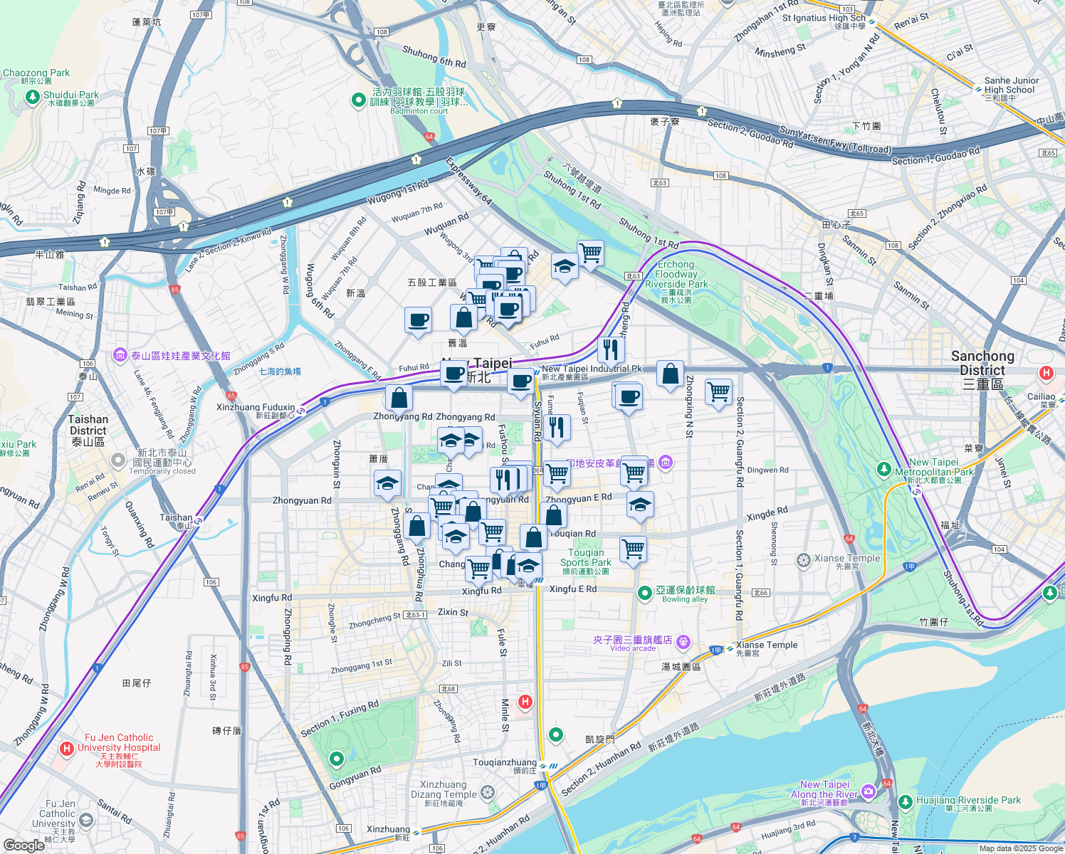map of restaurants, bars, coffee shops, grocery stores, and more near 555 Siyuan Road in Xinzhuang District