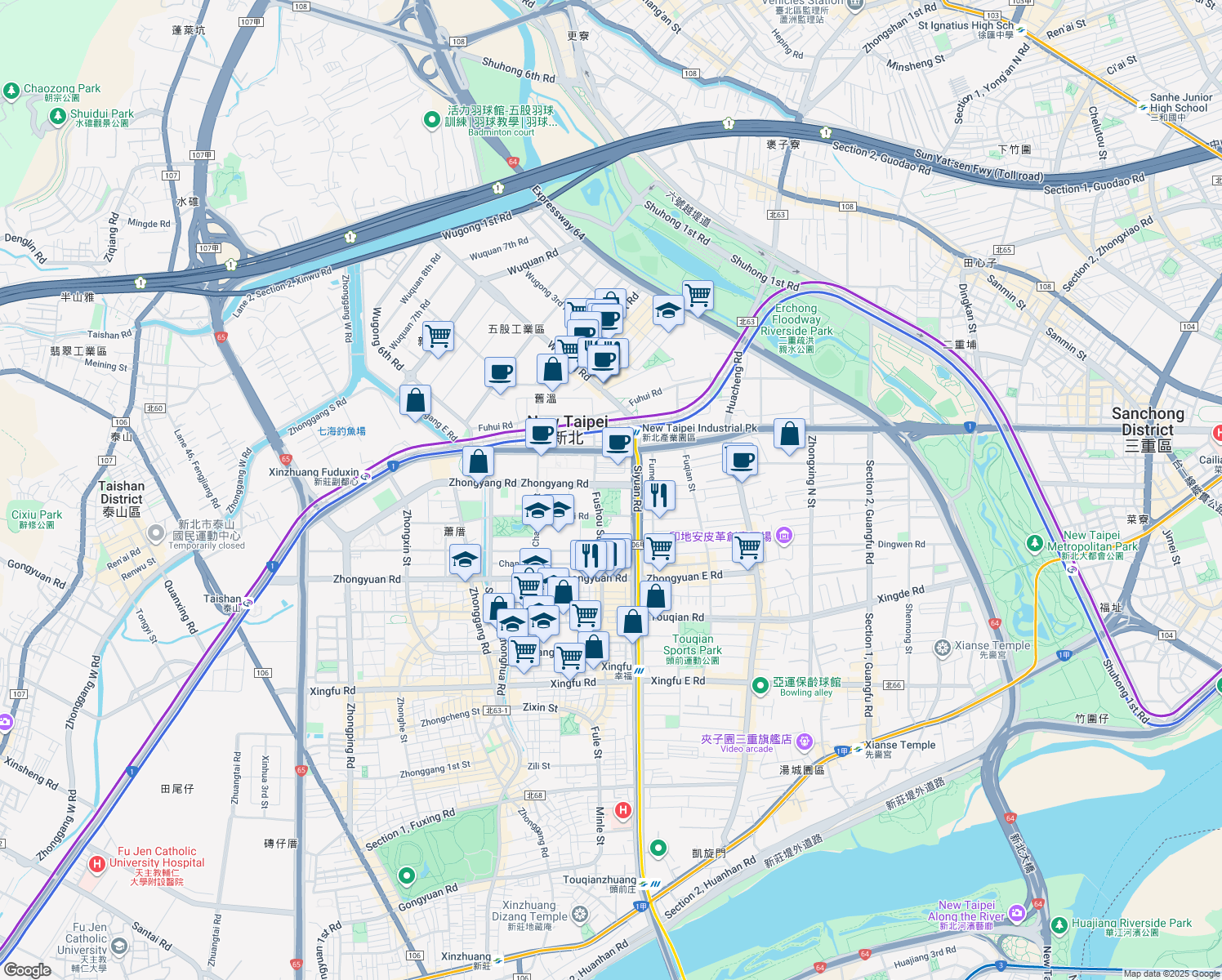 map of restaurants, bars, coffee shops, grocery stores, and more near 555 Siyuan Road in Xinzhuang District