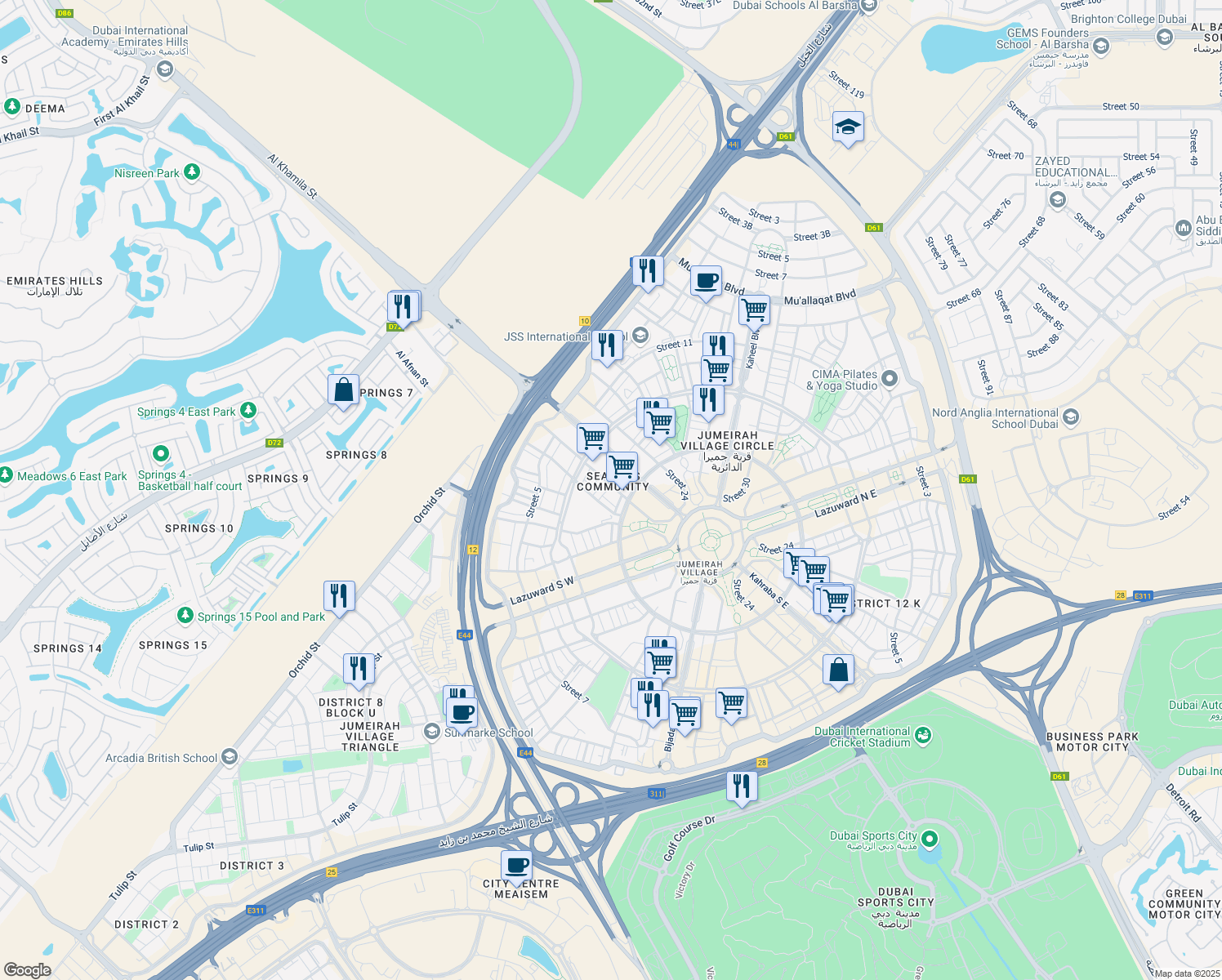 map of restaurants, bars, coffee shops, grocery stores, and more near in Dubai