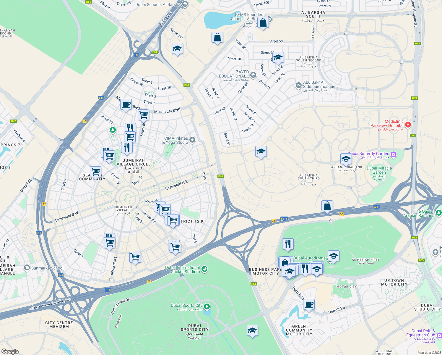 map of restaurants, bars, coffee shops, grocery stores, and more near Hessa Street in Dubai
