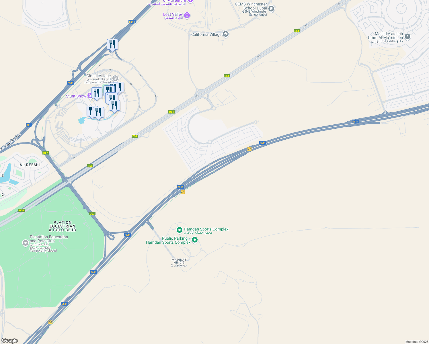 map of restaurants, bars, coffee shops, grocery stores, and more near Emirates Bypass Road in Dubai