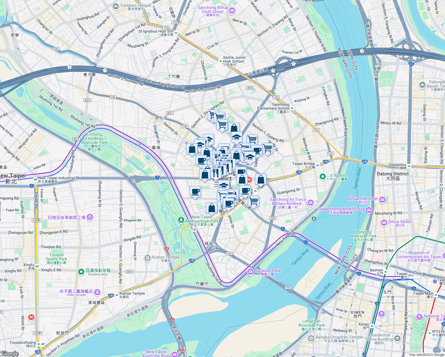 map of restaurants, bars, coffee shops, grocery stores, and more near in Sanchong District