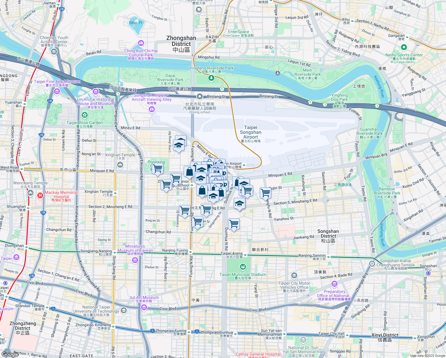 map of restaurants, bars, coffee shops, grocery stores, and more near 168 Section 3, Minquan East Road in Songshan District