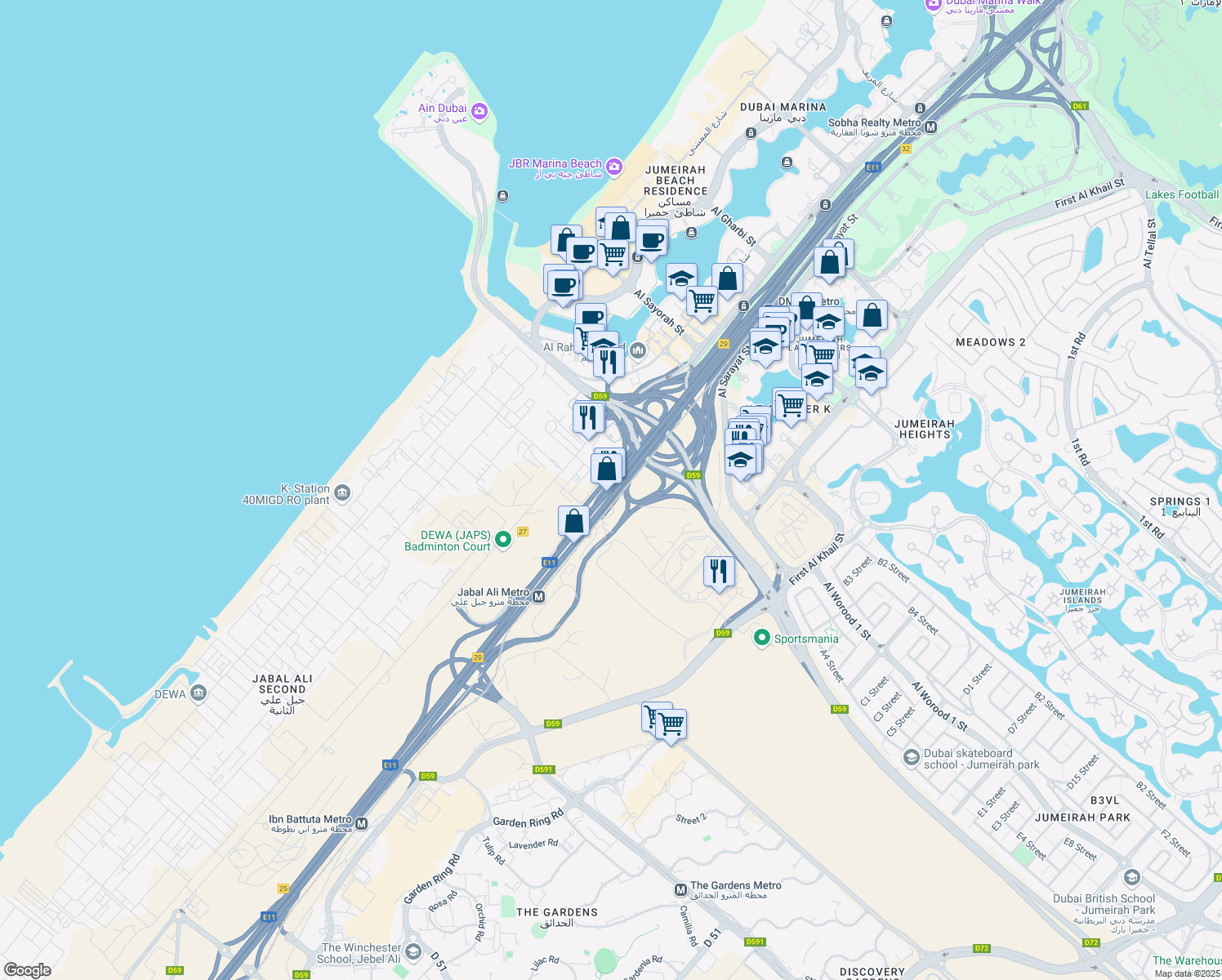 map of restaurants, bars, coffee shops, grocery stores, and more near Sheikh Zayed Road in Dubai