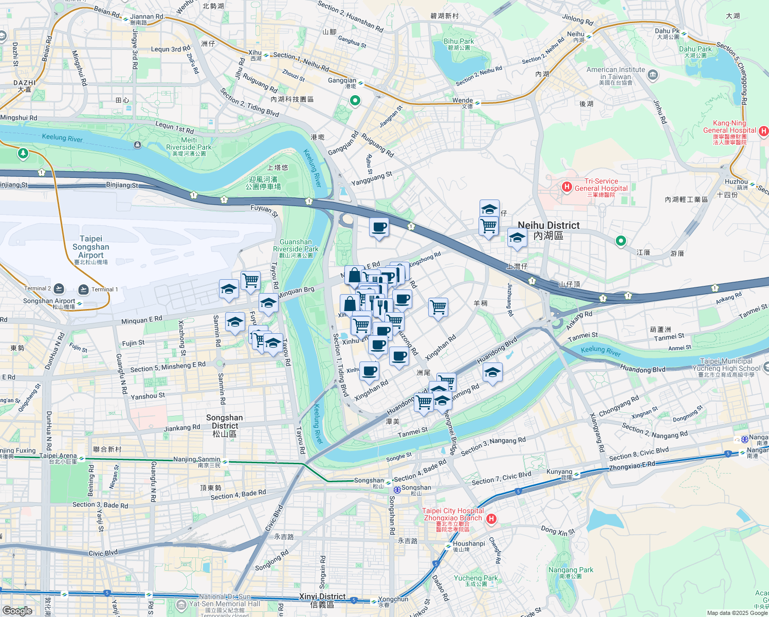 map of restaurants, bars, coffee shops, grocery stores, and more near 277 Section 1, Jiuzong Road in Neihu District