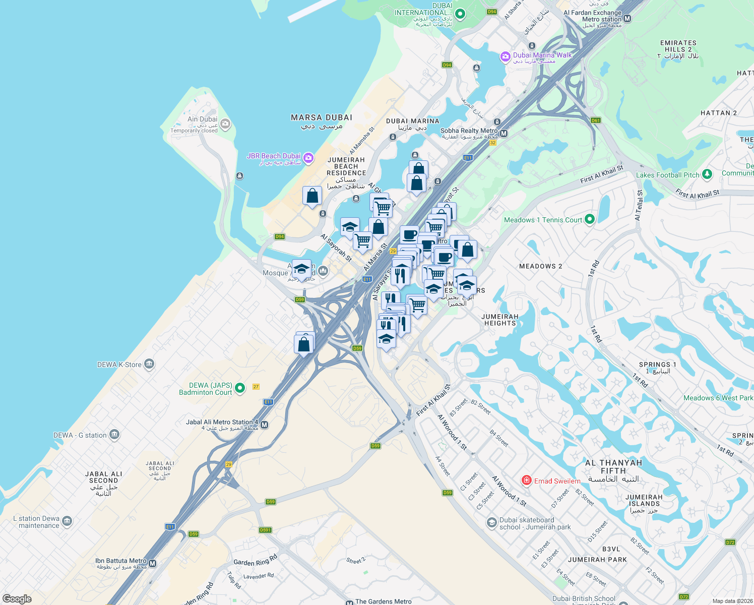 map of restaurants, bars, coffee shops, grocery stores, and more near Al Sarayat Street in Dubai