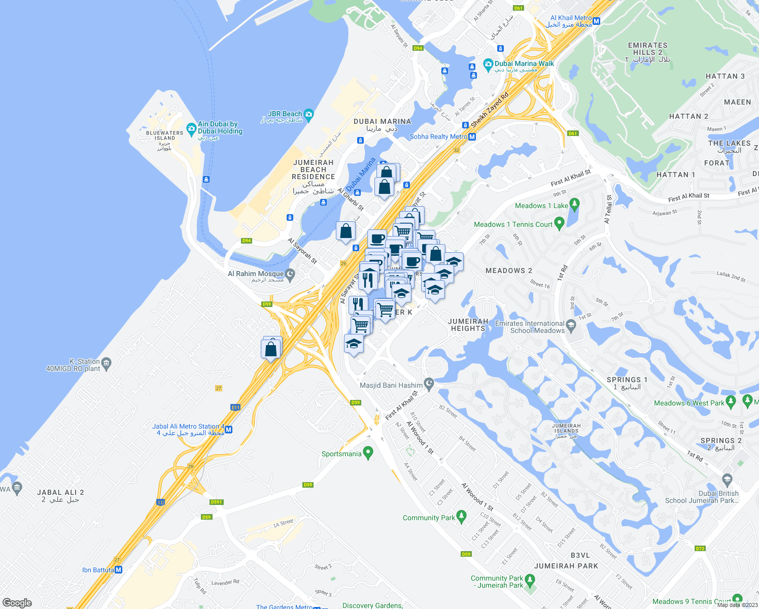 map of restaurants, bars, coffee shops, grocery stores, and more near Cluster K in دبي
