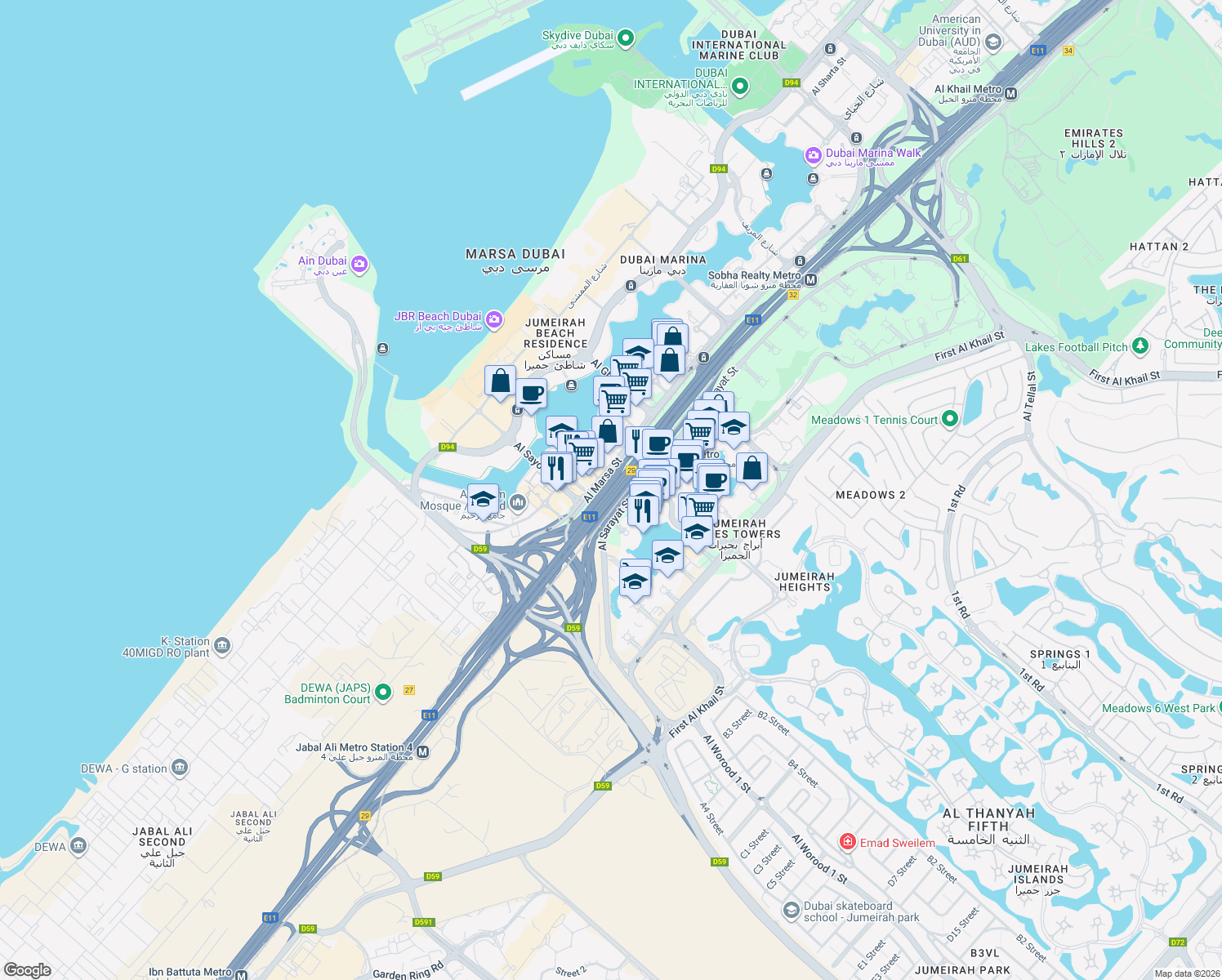 map of restaurants, bars, coffee shops, grocery stores, and more near Sheikh Zayed Road in Dubai