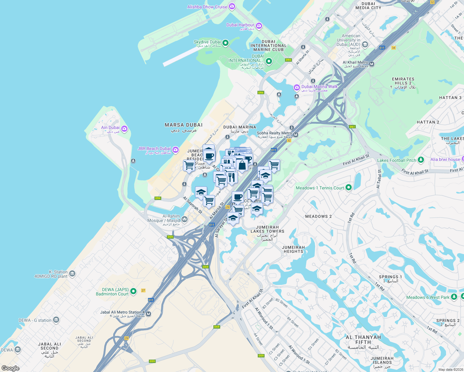 map of restaurants, bars, coffee shops, grocery stores, and more near in Dubai
