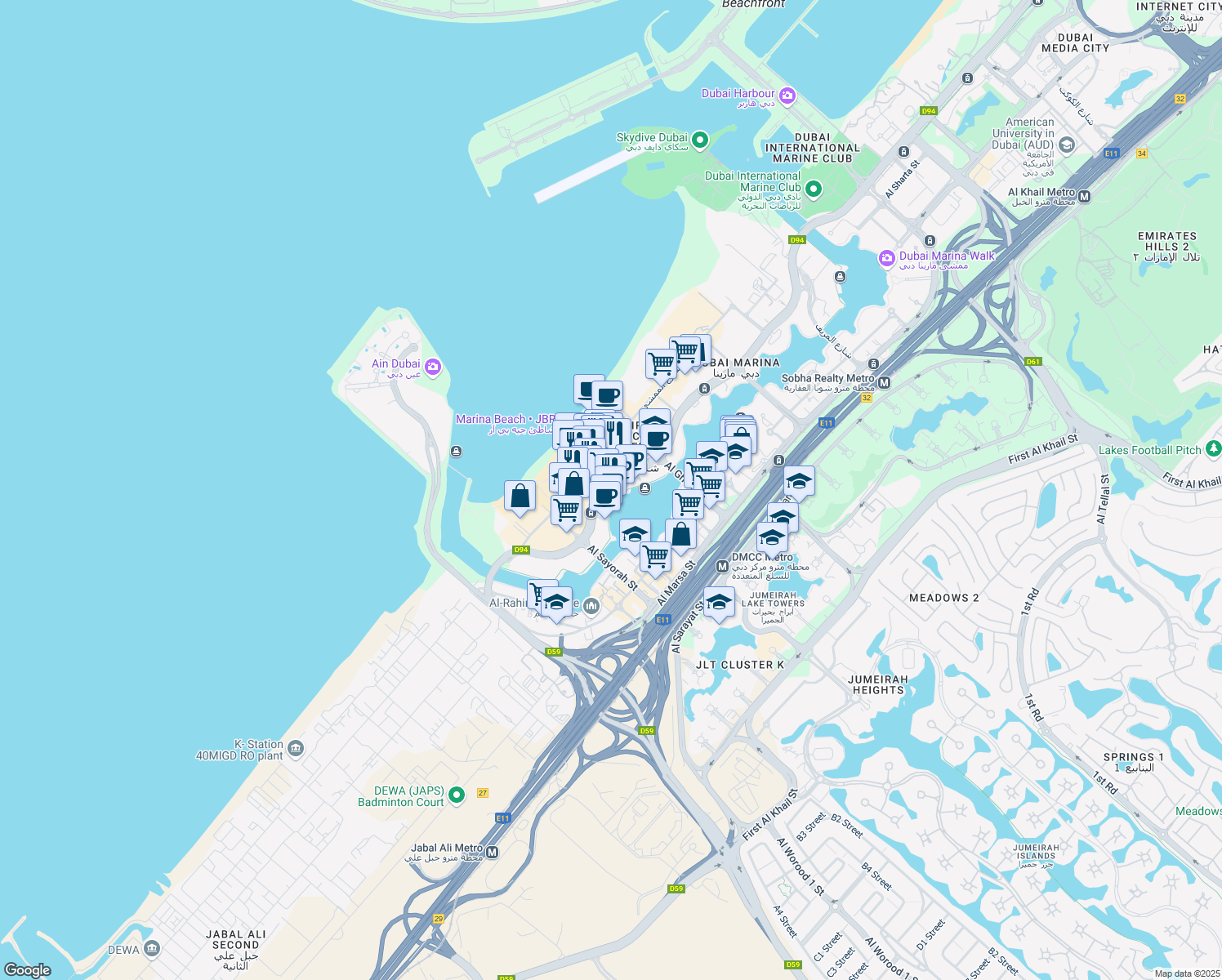 map of restaurants, bars, coffee shops, grocery stores, and more near 8 Jumeirah Beach Road in Dubai