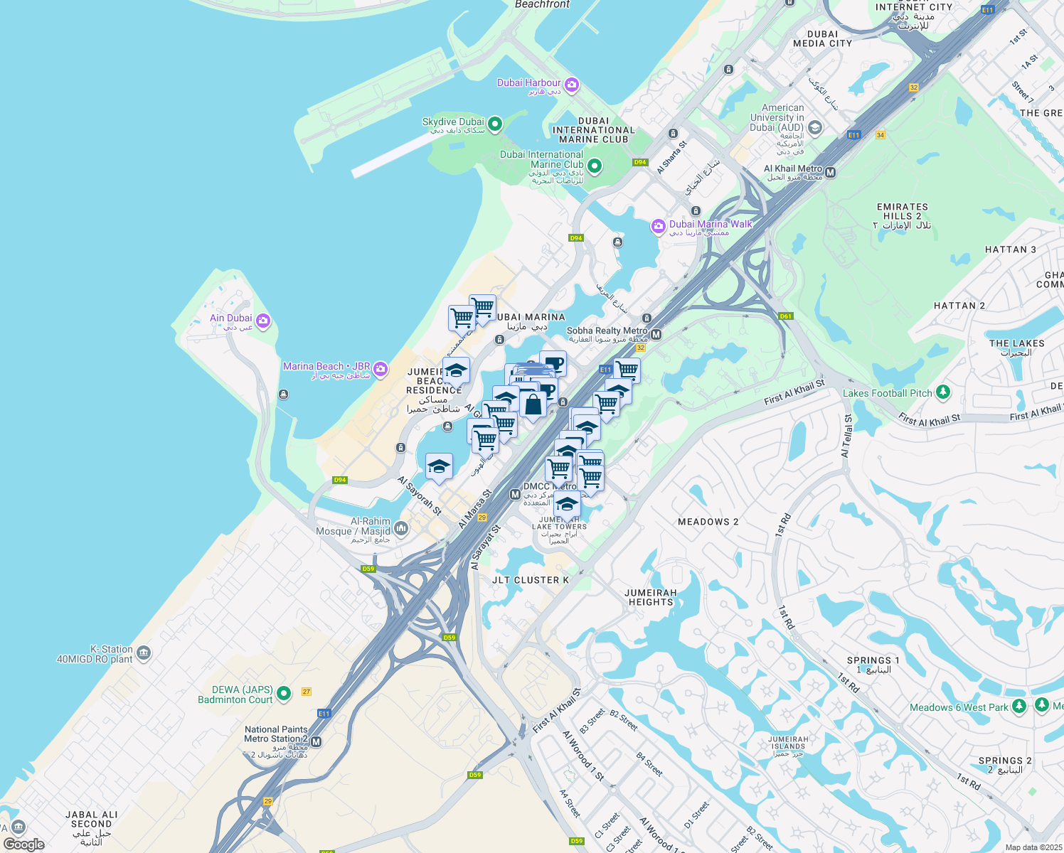 map of restaurants, bars, coffee shops, grocery stores, and more near in Dubai