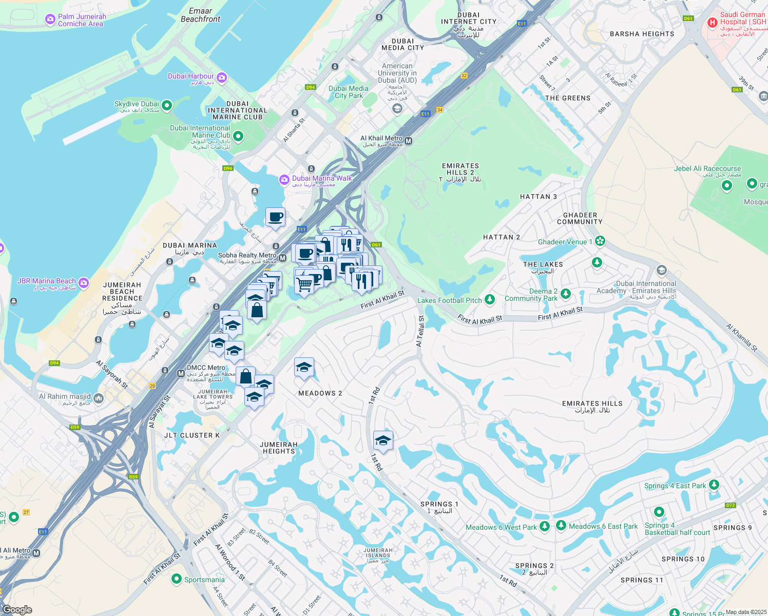 map of restaurants, bars, coffee shops, grocery stores, and more near 28 9th Street in Dubai