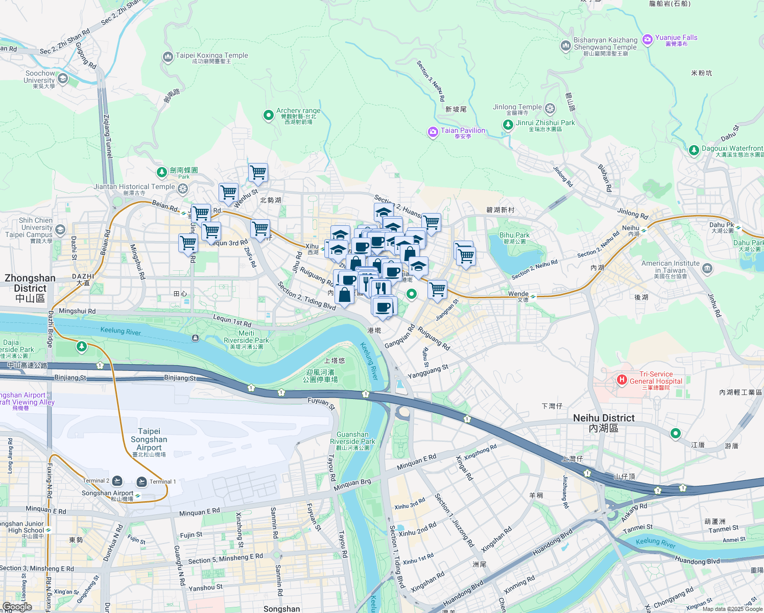 map of restaurants, bars, coffee shops, grocery stores, and more near 399 Ruiguang Road in Neihu District