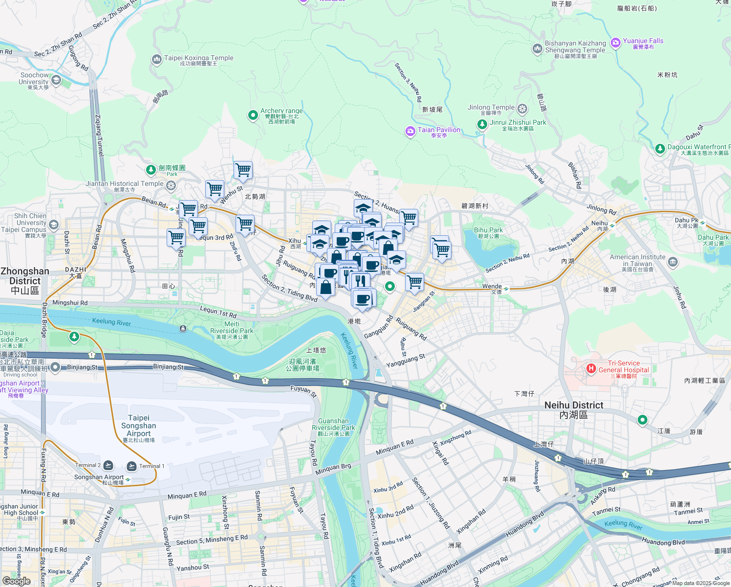 map of restaurants, bars, coffee shops, grocery stores, and more near 399 Ruiguang Road in Neihu District