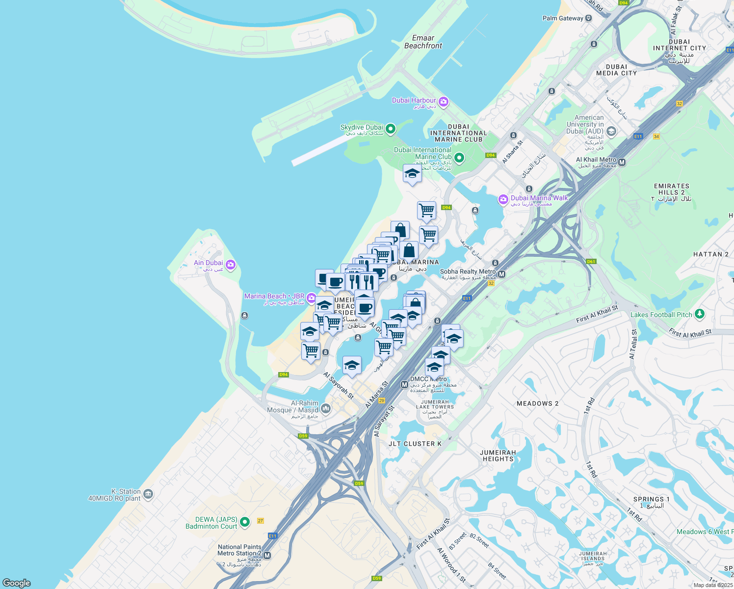 map of restaurants, bars, coffee shops, grocery stores, and more near D94 in Dubai