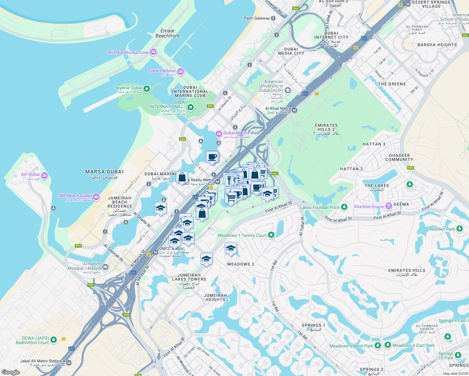 map of restaurants, bars, coffee shops, grocery stores, and more near Zayed Road - Pedestrian crossing 13 in دبي